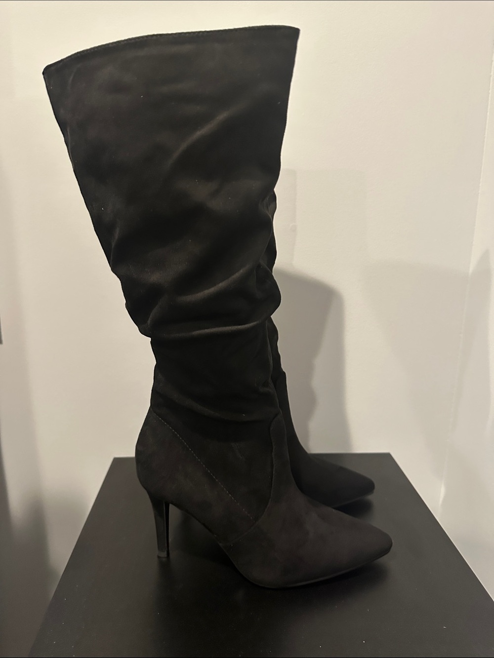 Black Knee-High Slouch Stiletto Boots - Women